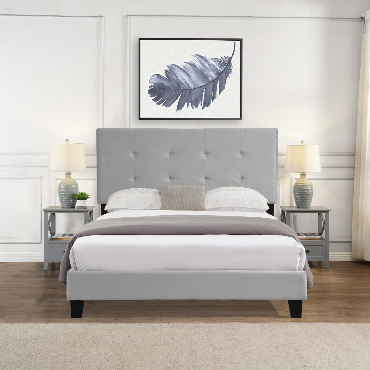 Queen Size Upholstered Platform Bed Frame with Tufted Headboard - Gray HouseOfZazla