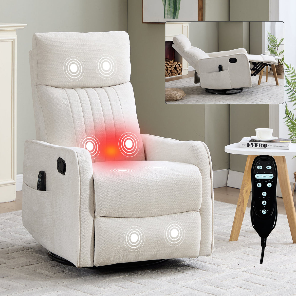 Beige Heat Massage Manual Recliner Chair with Rocker and Swivel - Beige HouseOfZazla