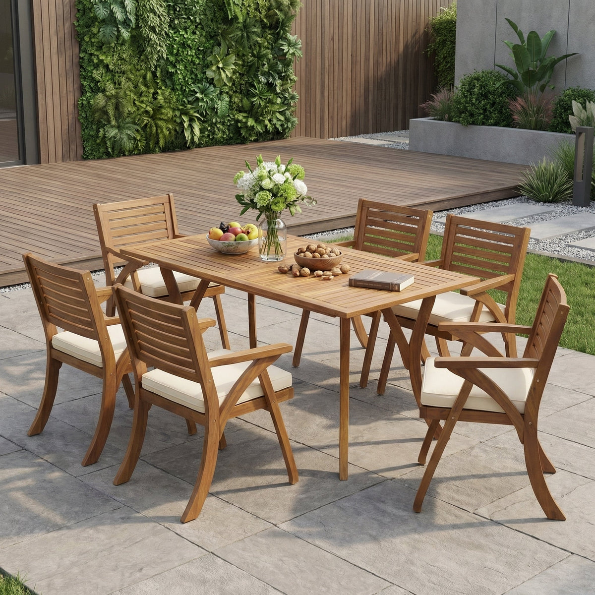 Acacia Wood Outdoor Dining Set with Cushions - 7 Piece Patio Set, Cream HouseOfZazla