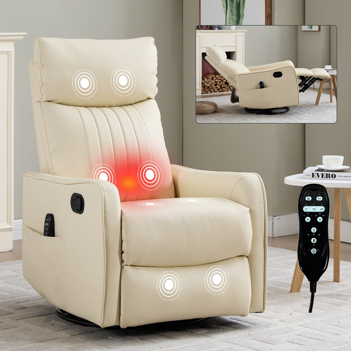 Beige Heat Massage Manual Recliner Chair with Rocker and Swivel - Beige HouseOfZazla