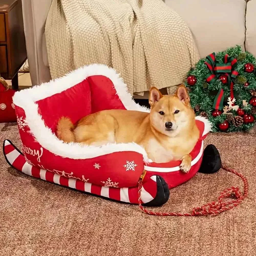 Christmas Sleigh Pet Bed – Removable Washable Plush Sofa with Non-Slip Base Cozy Kawaii