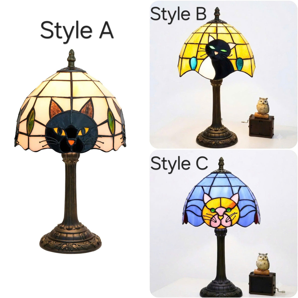 Tiffany Stained Glass Black Cat Table Lamp | Vintage Art Glass Desk Light