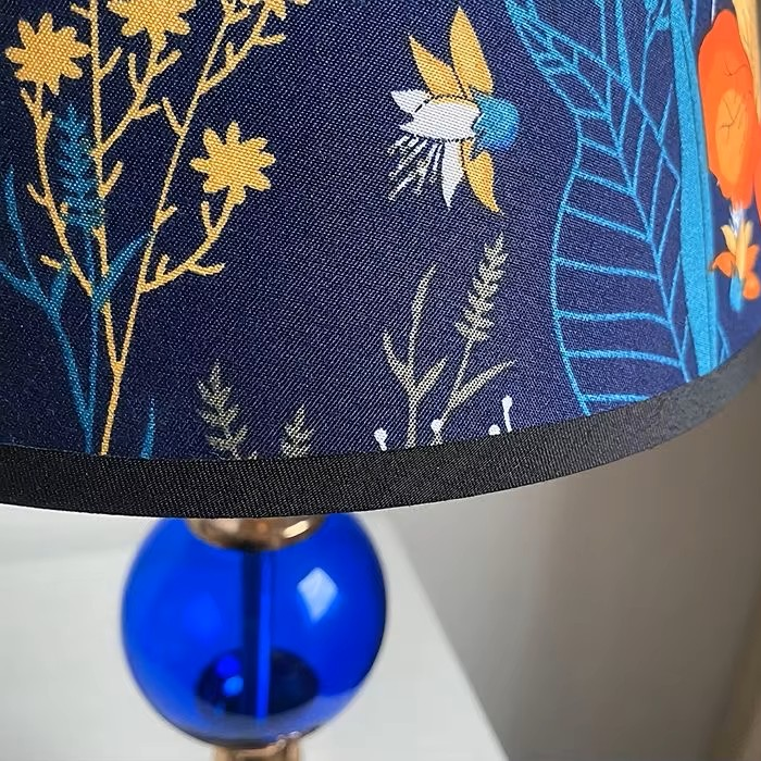 Tropical Floral Fabric Shade & Colored Glass Table Lamp | Gold Desk Light