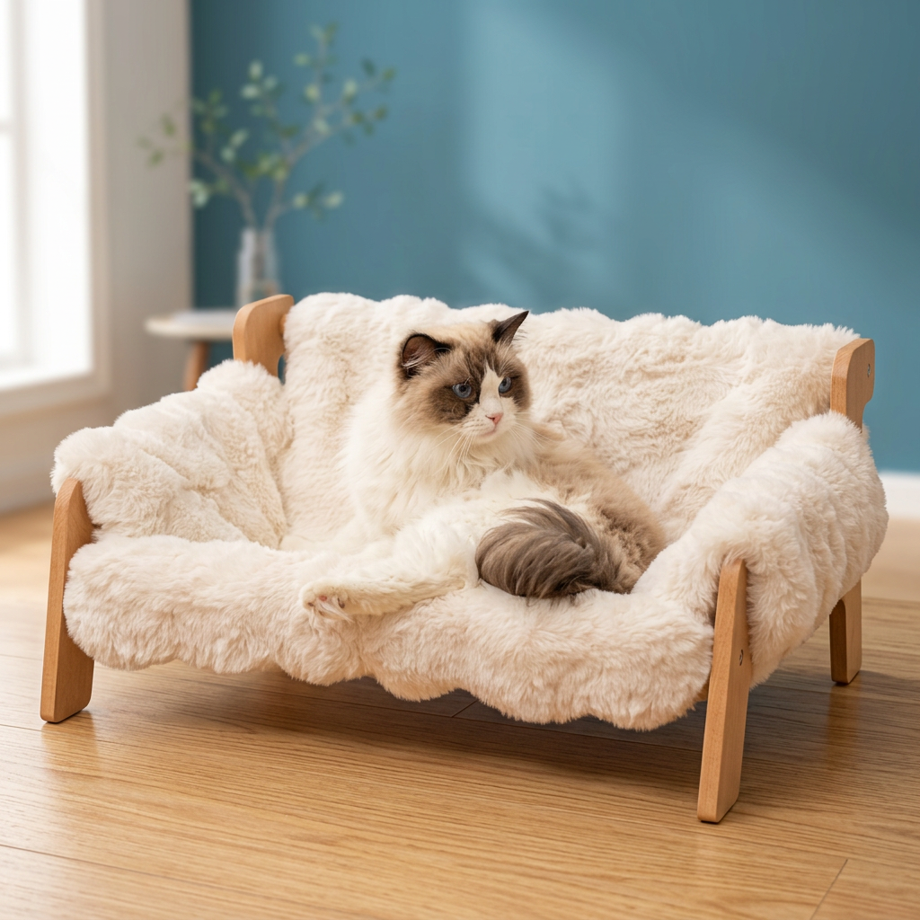 Elevated Wooden Cat Couch Bed with Washable Fluffy Cushion – 3 Colors Wags & Whiskers Pet Supply