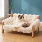 Elevated Wooden Cat Couch Bed with Washable Fluffy Cushion – 3 Colors Wags & Whiskers Pet Supply