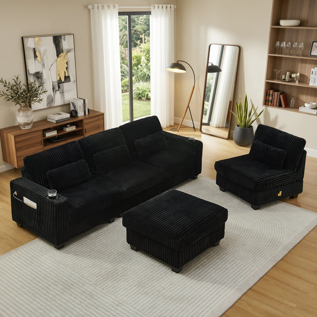 L-Shaped Corduroy Modular Sectional Sofa with Detachable Footrest - Black HouseOfZazla