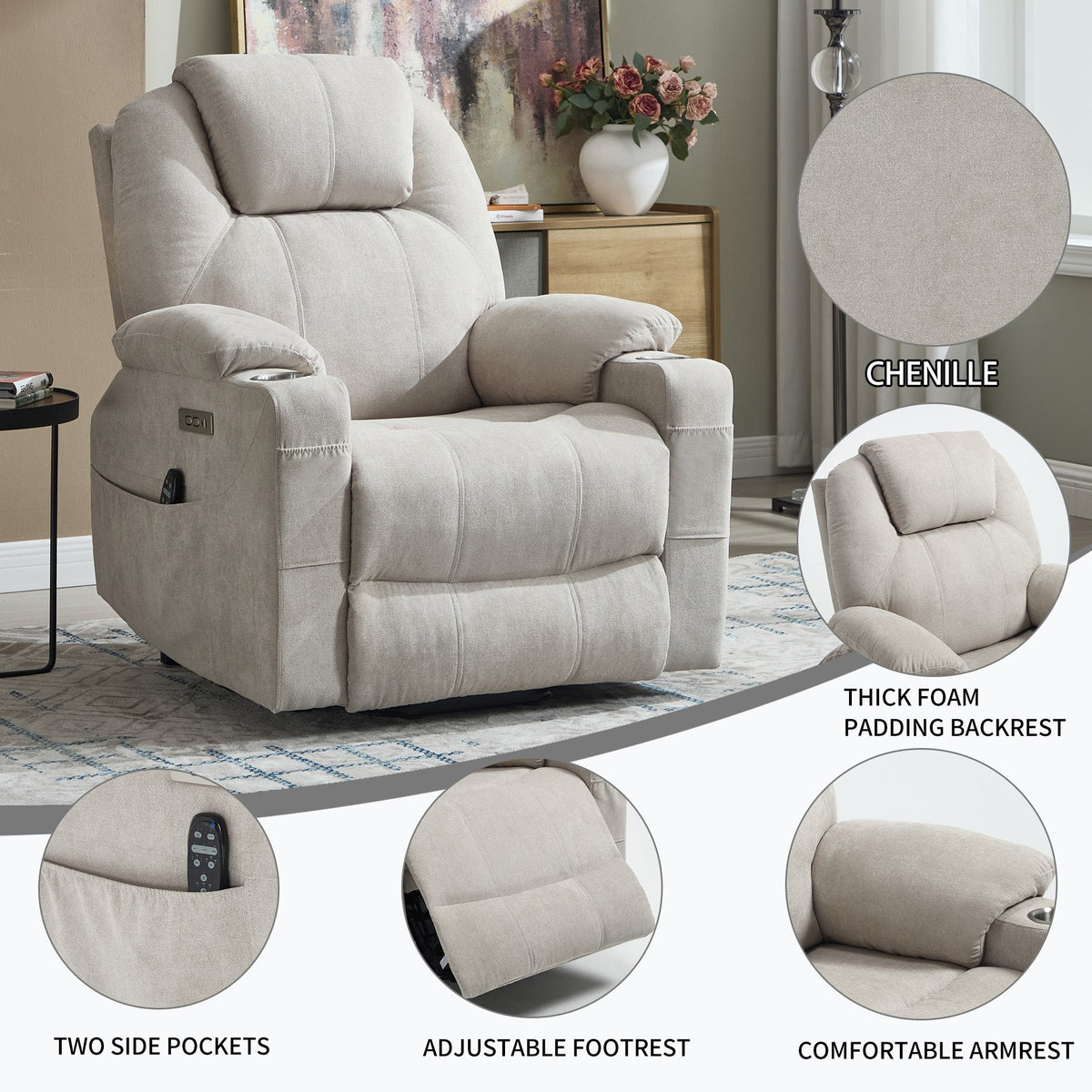 Power Lift Recliner Chair with Massage & Heating - Polyester HouseOfZazla
