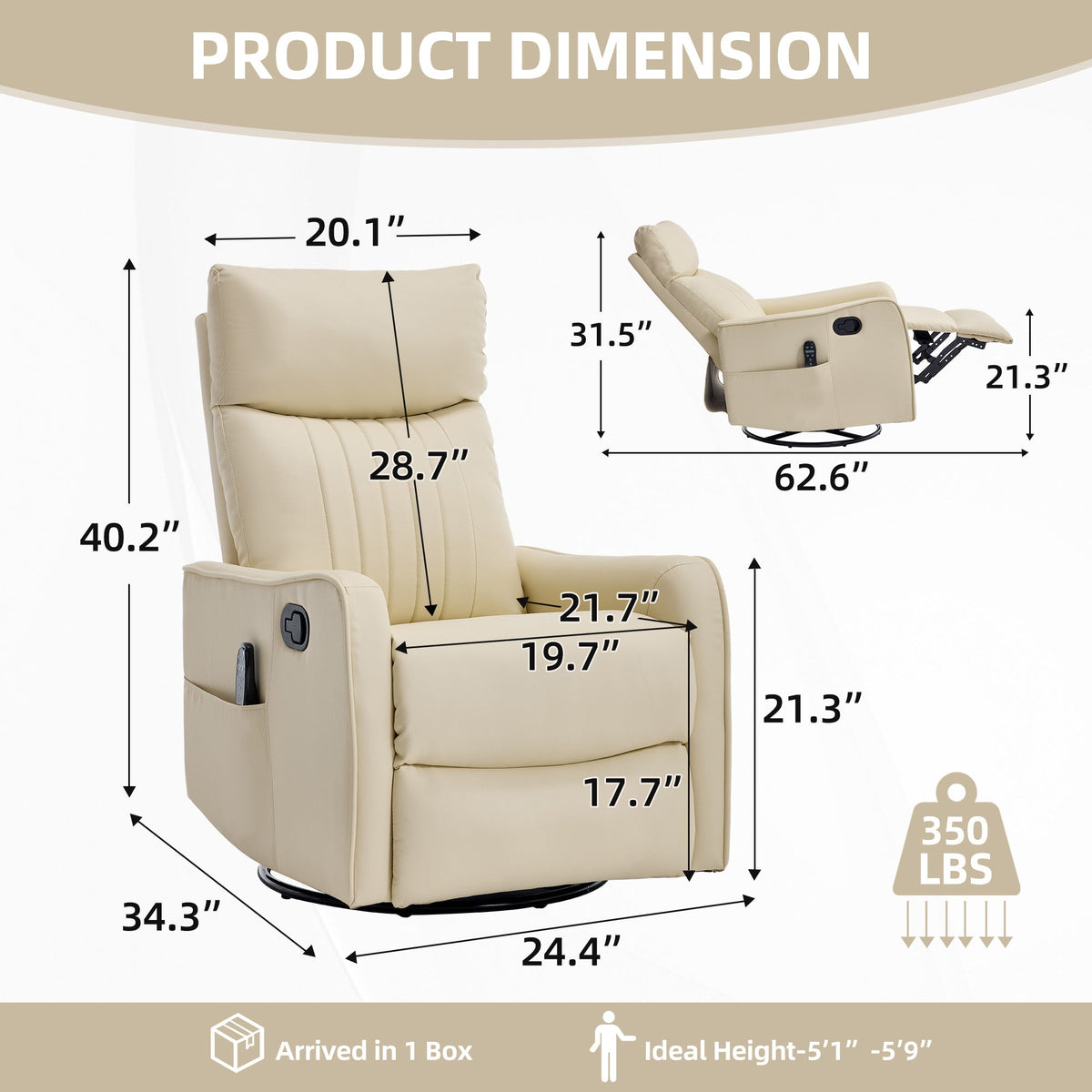 Beige Heat Massage Manual Recliner Chair with Rocker and Swivel - Beige HouseOfZazla