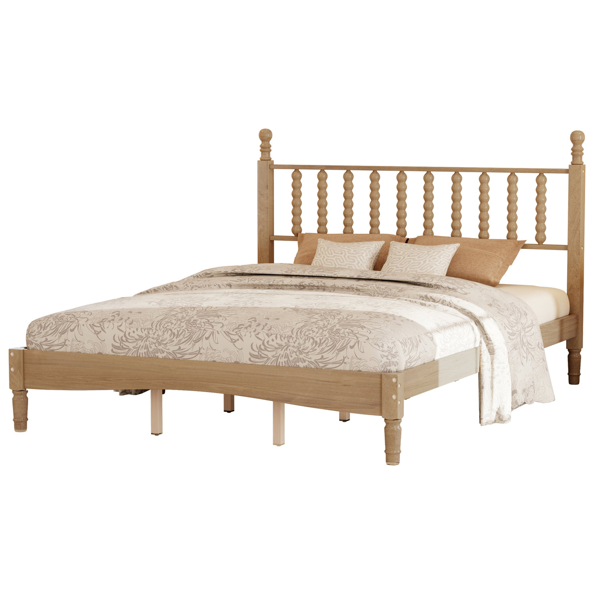 Queen Size Wood Platform Bed with Gourd-Shaped Headboard - Natural Wood HouseOfZazla