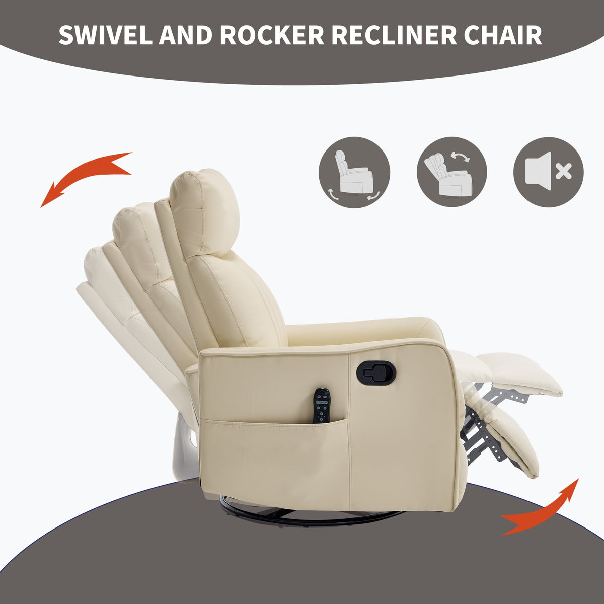 Beige Heat Massage Manual Recliner Chair with Rocker and Swivel - Beige HouseOfZazla