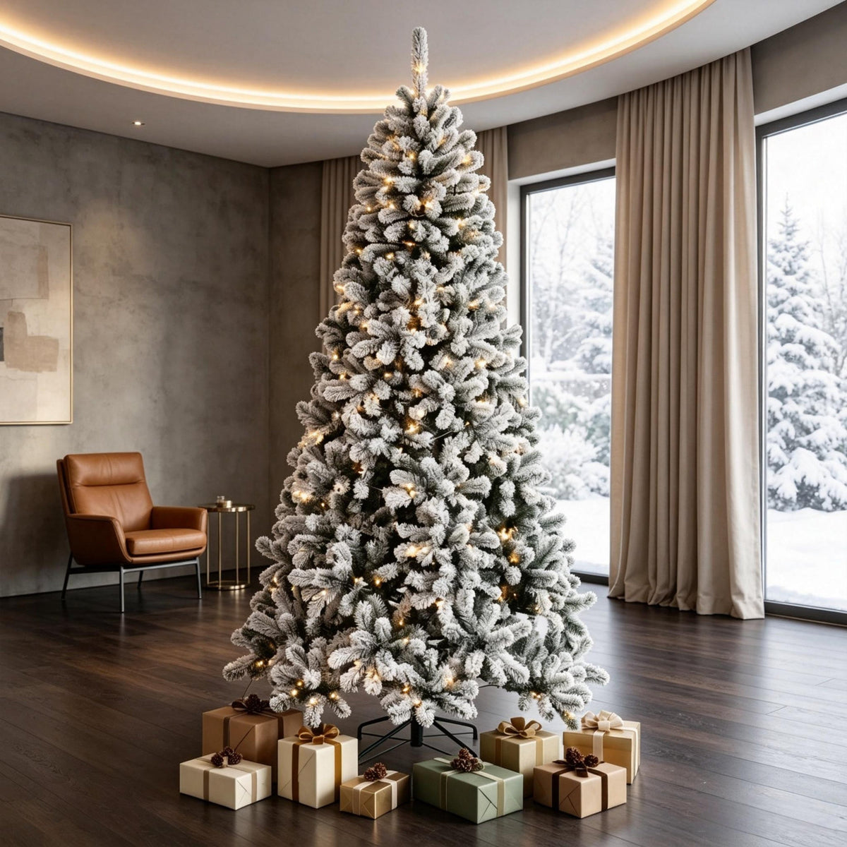 7.5 ft Pre-Lit Flocked Fraser Fir Artificial Christmas Tree with LED Lights - Green/White HouseOfZazla