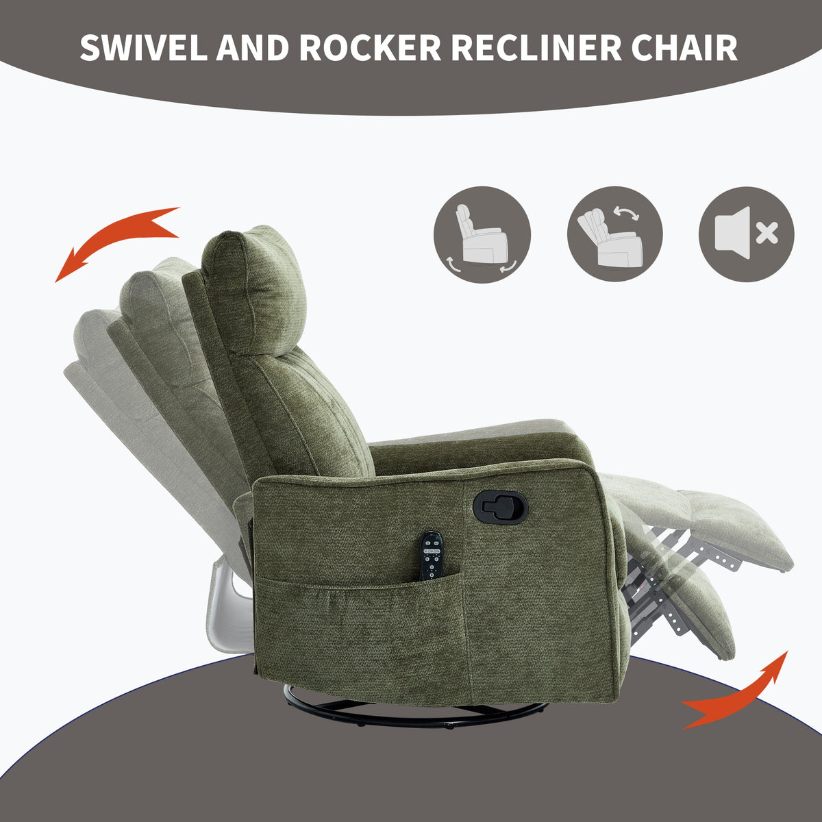 Green Heat Massage Manual Recliner Chair with Swivel and Massage - Chenille HouseOfZazla