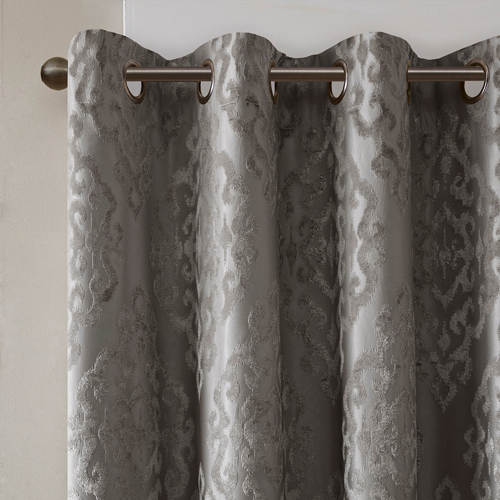 Charcoal Knitted Jacquard Damask Blackout Curtain Panel with Silver Grommets HouseOfZazla