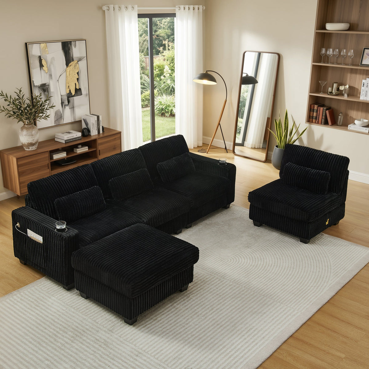 L-Shaped Corduroy Modular Sectional Sofa with Detachable Footrest - Black HouseOfZazla