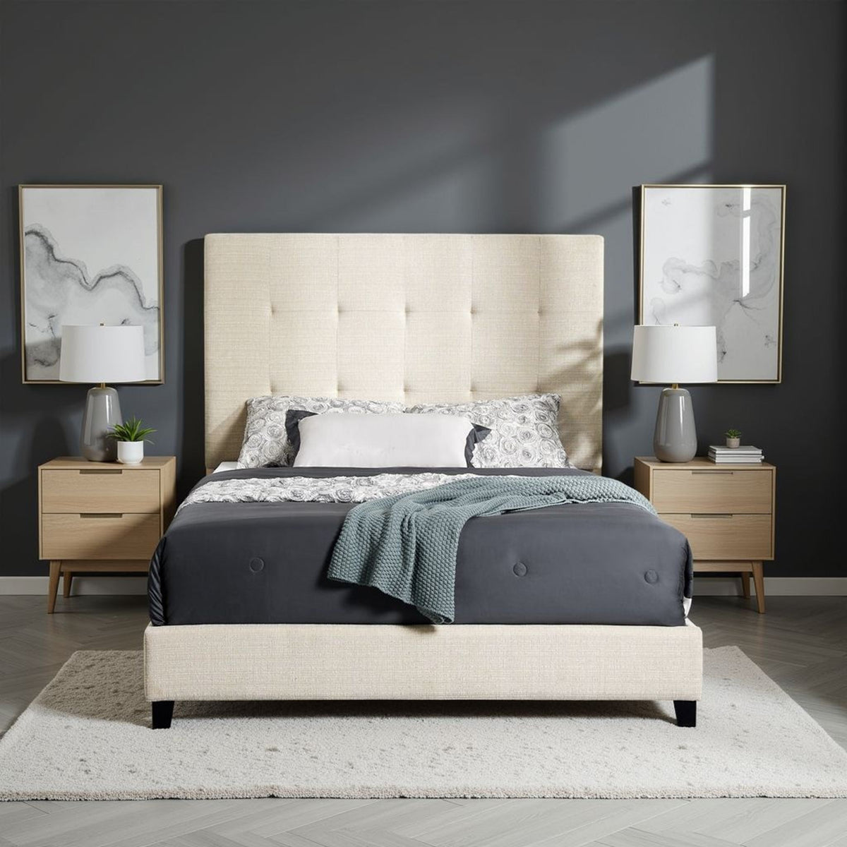 Tufted Upholstered Headboard Platform Bed with Padded Headboard - Queen, Beige or Dark Green HouseOfZazla