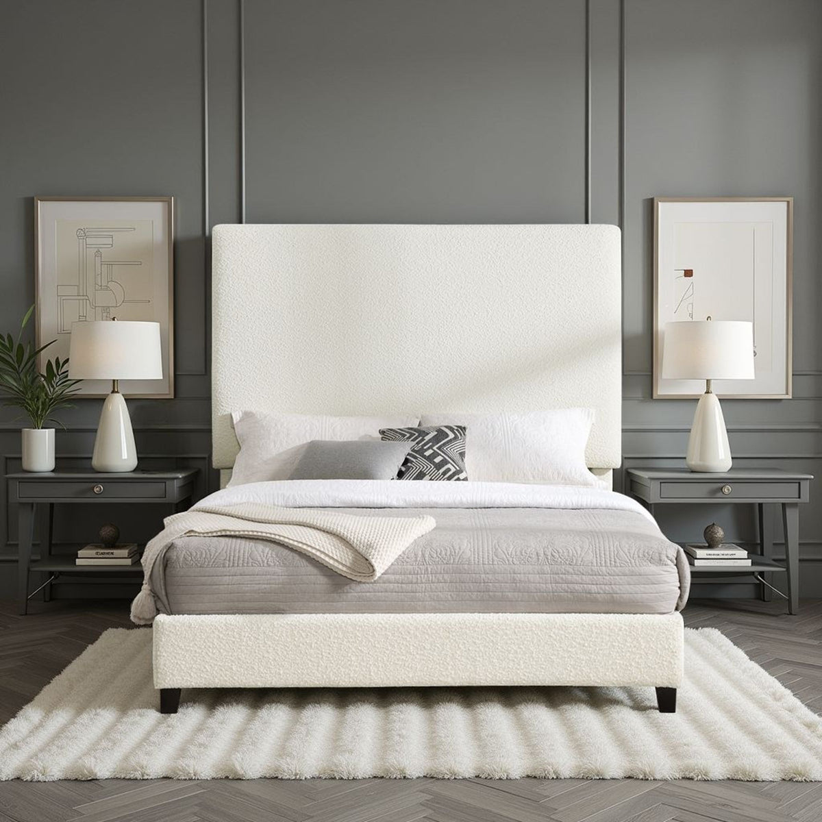 Queen Upholstered Headboard Platform Bed with Solid Wood Frame - White HouseOfZazla