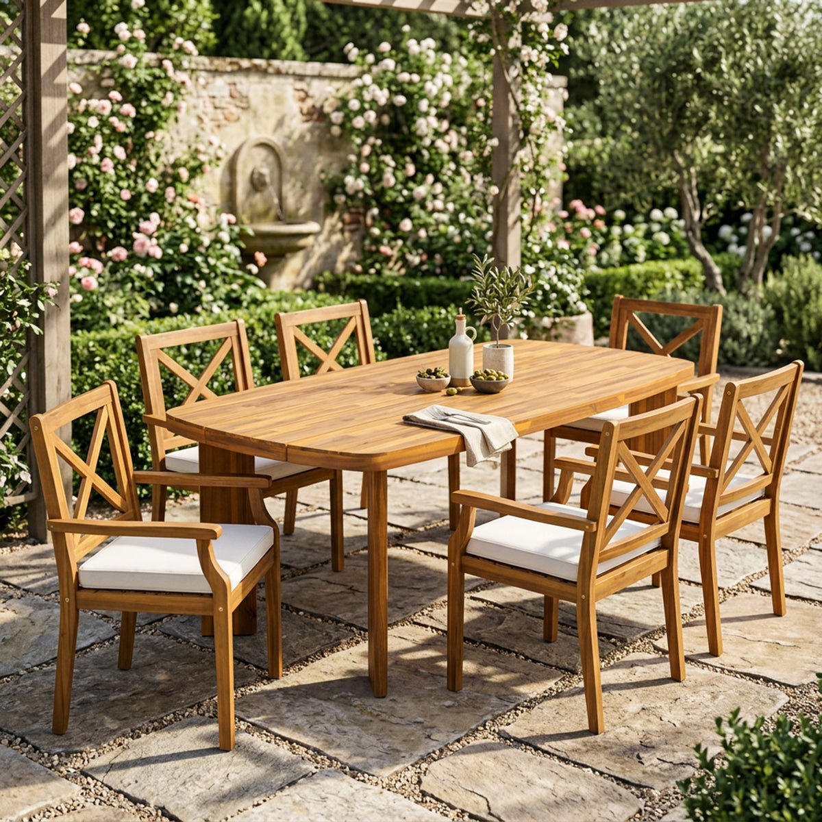 7-Piece Acacia Wood Outdoor Dining Set with Cushioned Arm Chairs - Teak Finish HouseOfZazla