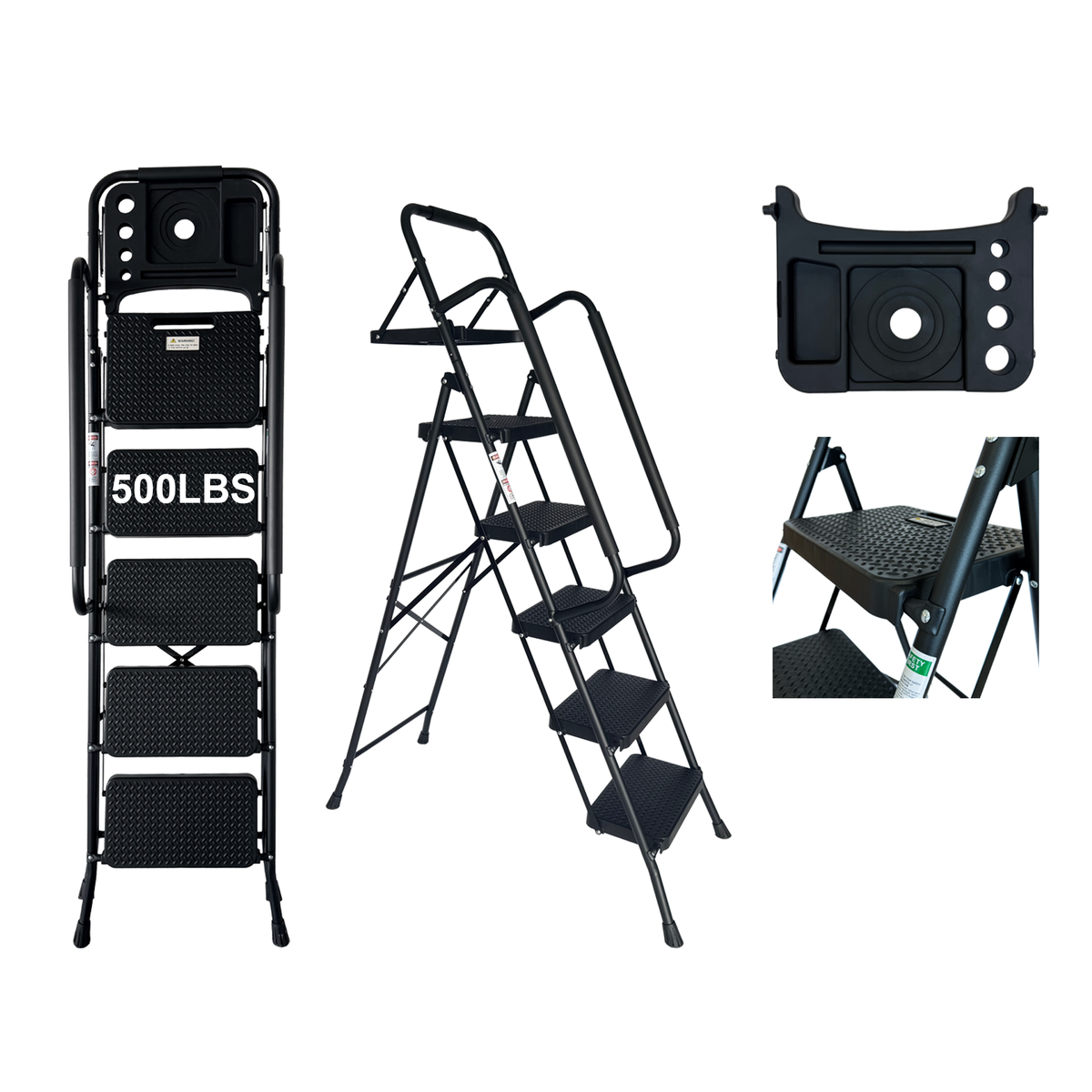 Folding Step Ladder with Wide Anti-Slip Pedal and Handrail - Steel HouseOfZazla