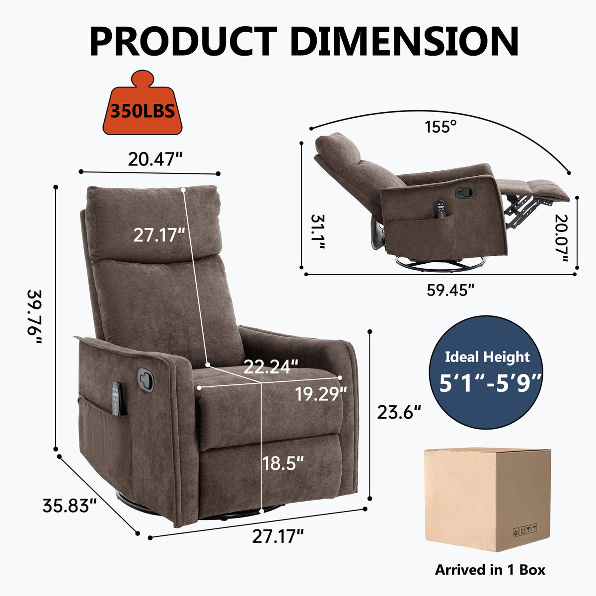 Heat Massage Manual Recliner Chair with Rocker and Swivel in Fabric HouseOfZazla