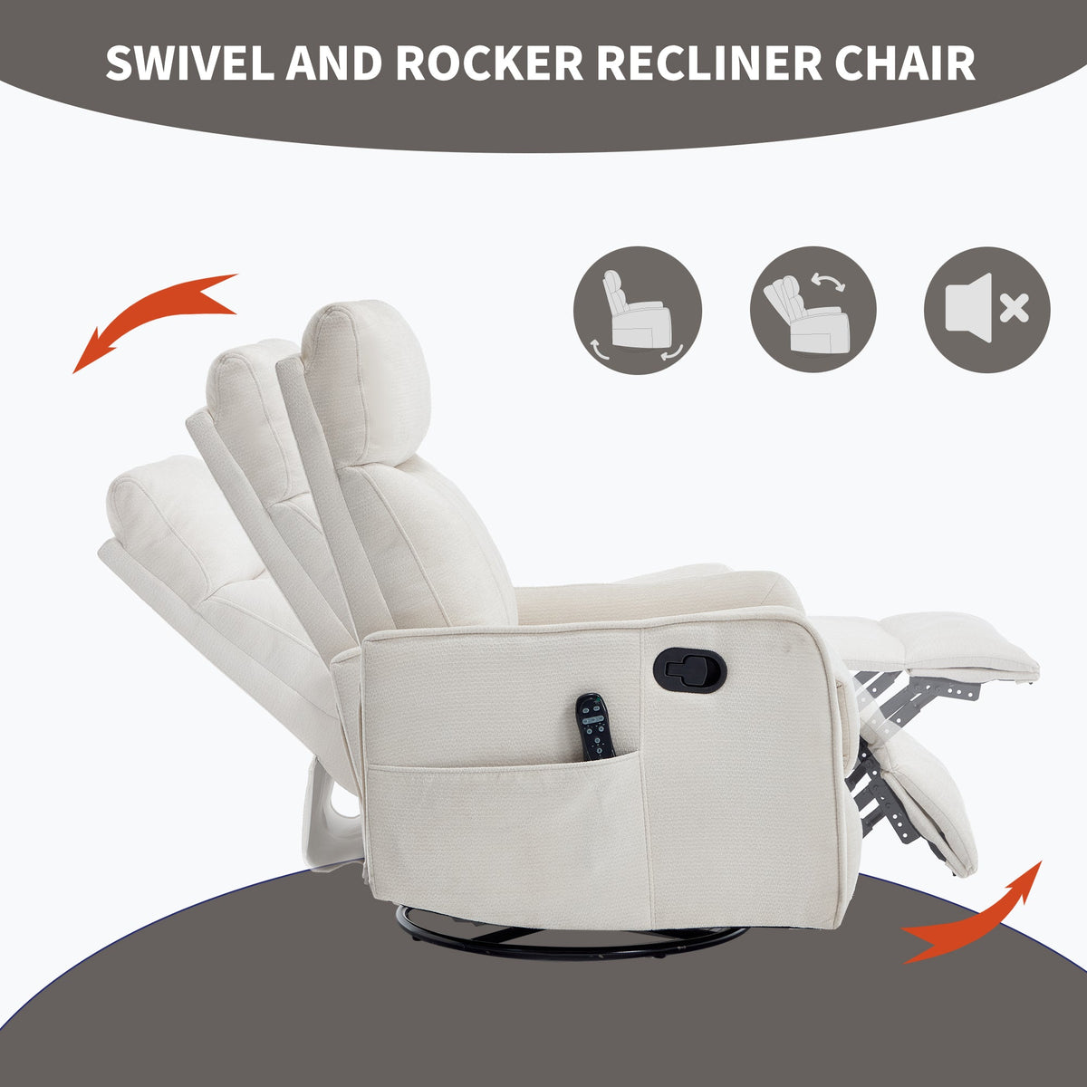 Beige Heat Massage Manual Recliner Chair with Rocker and Swivel - Beige HouseOfZazla