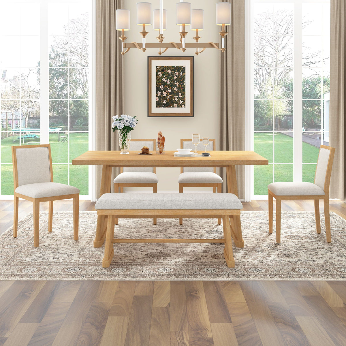 6 Piece Dining Room Set with Upholstered Chairs & Padded Bench - Light or Dark Brown HouseOfZazla