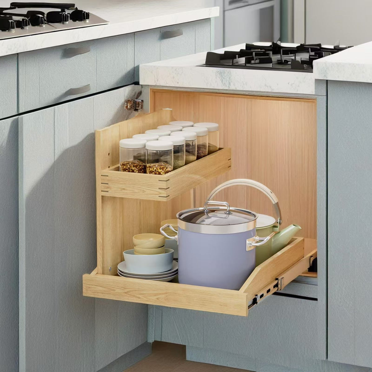 2 Tier Pull Out Under Sink Organizer with Full-Tension Slides - Natural Wood HouseOfZazla