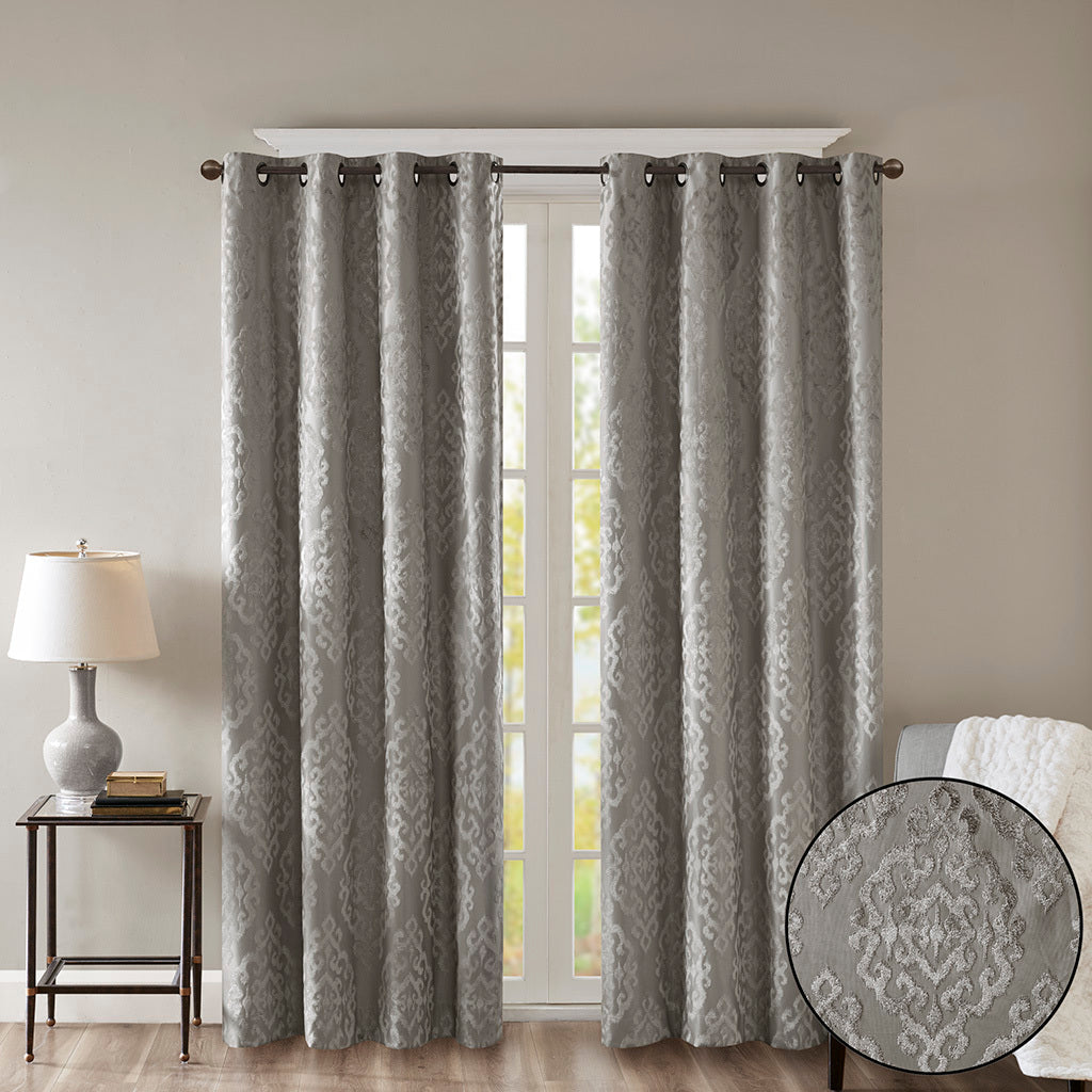 Charcoal Knitted Jacquard Damask Blackout Curtain Panel with Silver Grommets HouseOfZazla