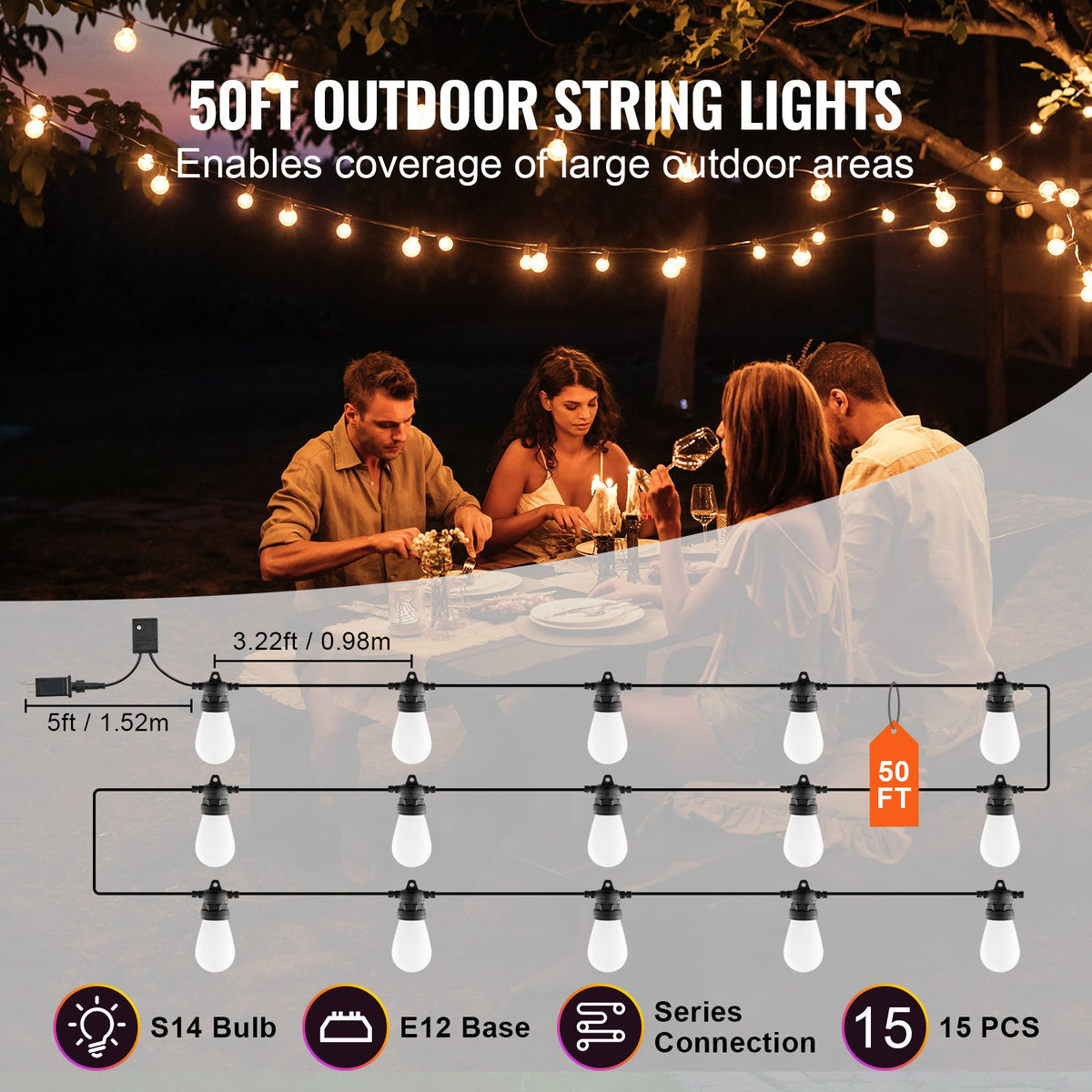 RGB Outdoor String Lights with App Control, 50FT - Multi-Color HouseOfZazla