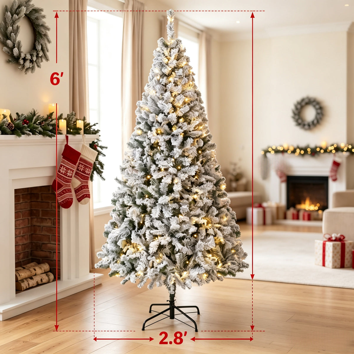 6 Ft Pre-Lit Flocked Fraser Fir Artificial Christmas Tree with Warm White LEDs - Snowy Flocked Finish HouseOfZazla