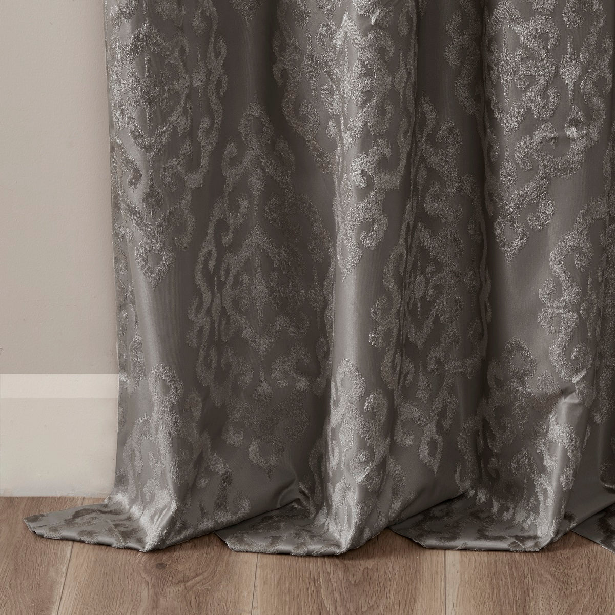 Charcoal Knitted Jacquard Damask Blackout Curtain Panel with Silver Grommets HouseOfZazla