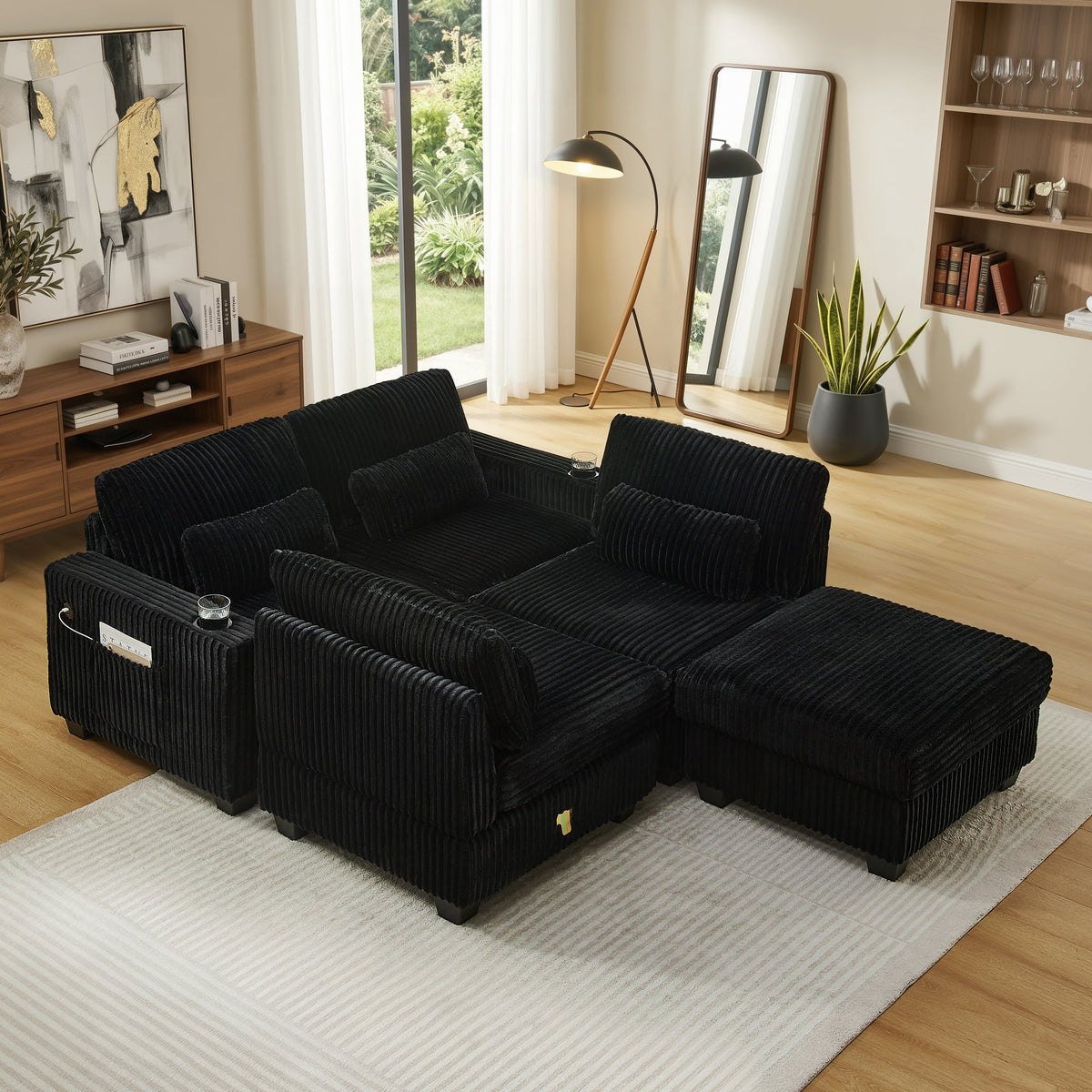 L-Shaped Corduroy Modular Sectional Sofa with Detachable Footrest - Black HouseOfZazla