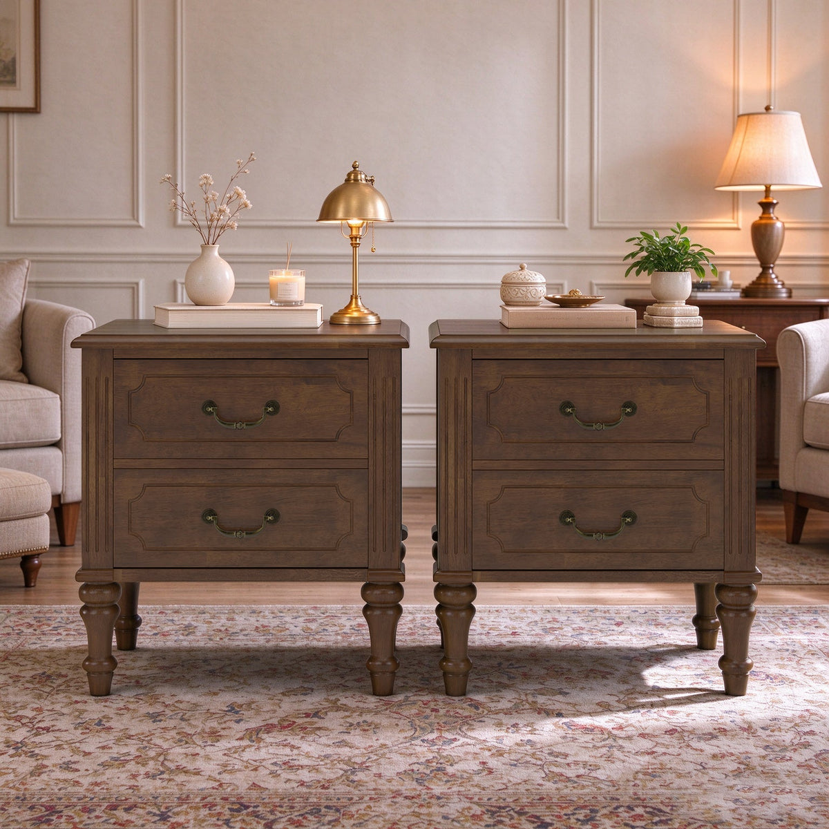 Farmhouse Nightstand with 2 Drawer, Solid Wood Bedside Table - Walnut HouseOfZazla