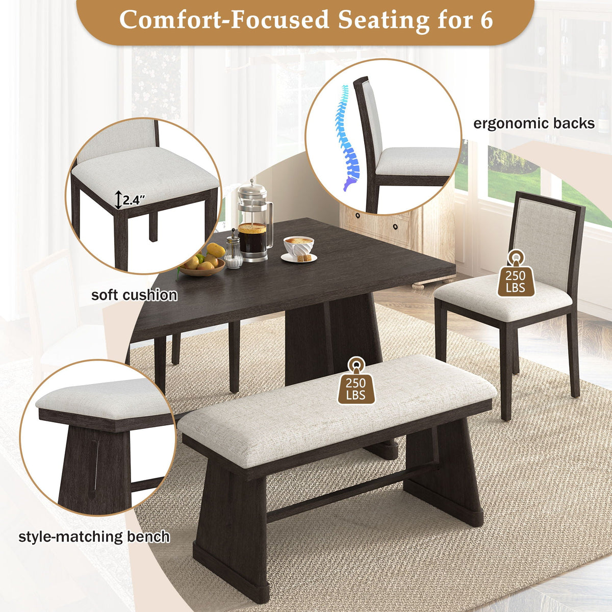 6 Piece Dining Room Set with Upholstered Chairs & Padded Bench - Light or Dark Brown HouseOfZazla