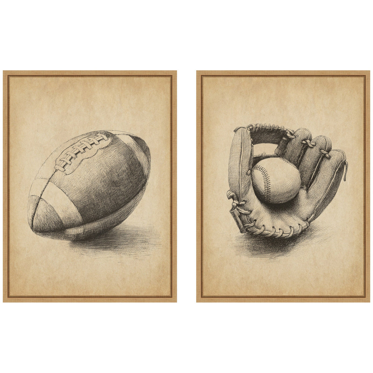 Vintage Football & Baseball 2 Piece Framed Canvas Wall Art Set by The Creative Bunch Studio
