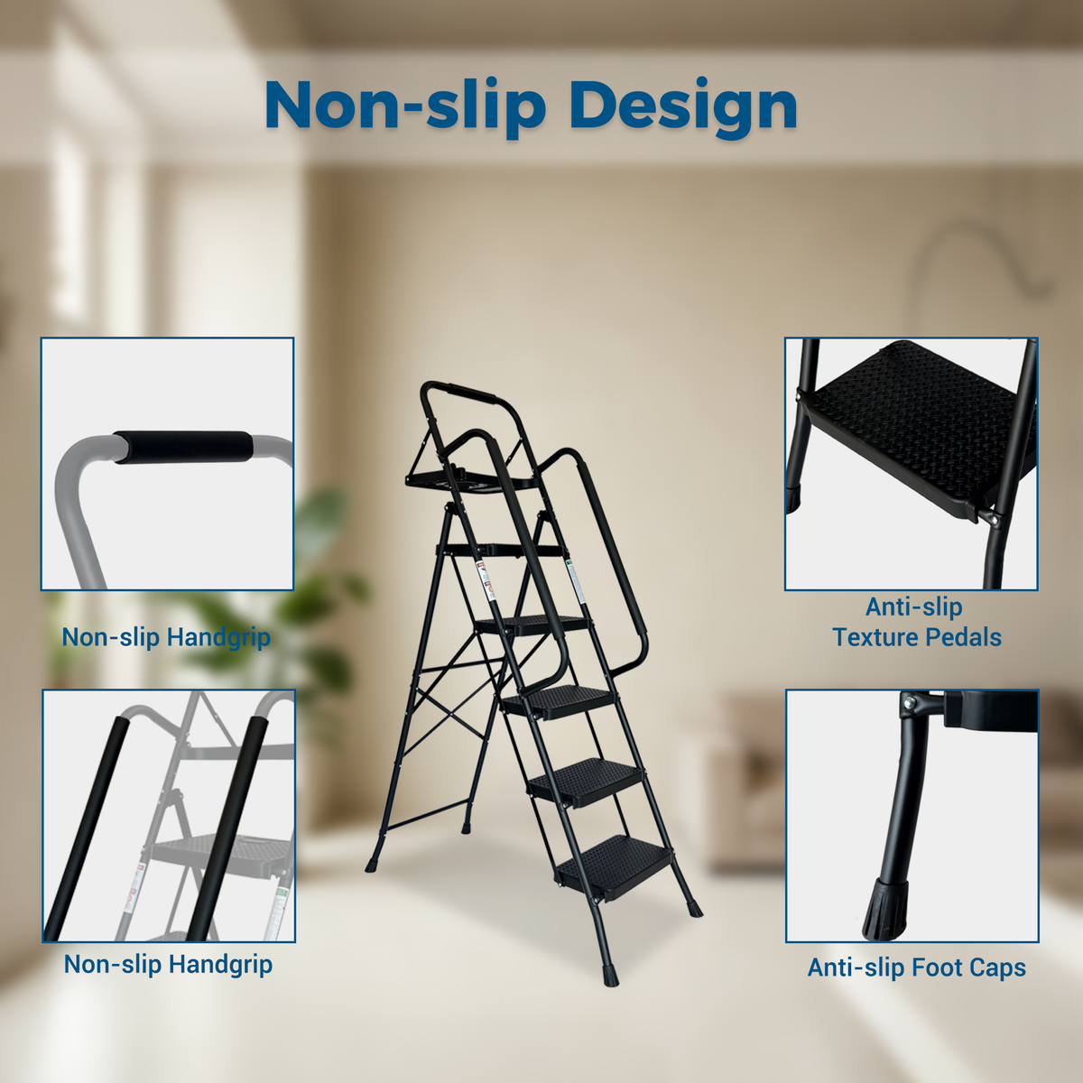 Folding Step Ladder with Wide Anti-Slip Pedal and Handrail - Steel HouseOfZazla