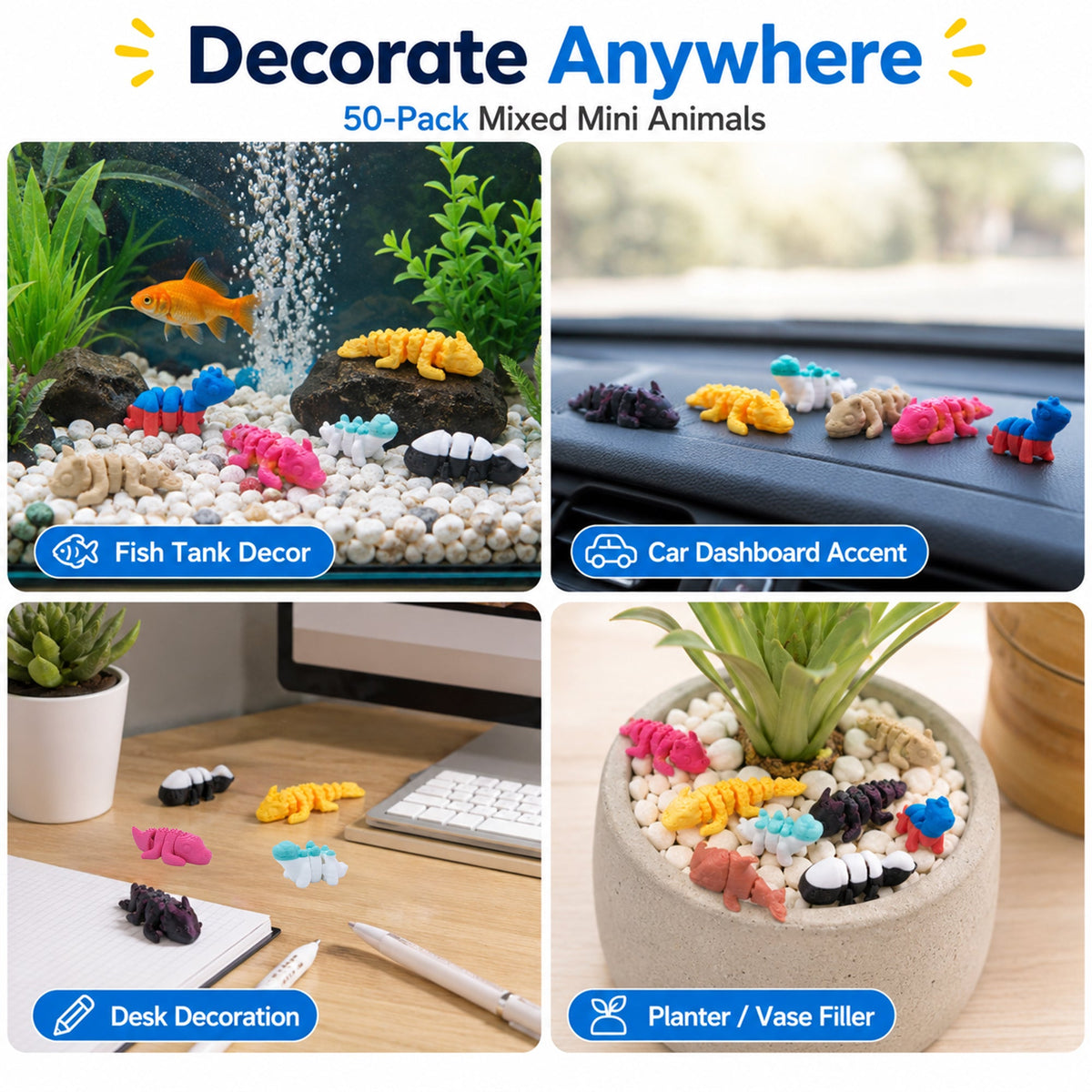 50 Pack 3D Printed Mixed Mini Animals, Random Assorted Tiny Animal Figures For Miniature Decor, Party Favors, DIY Crafts, Gift Fillers