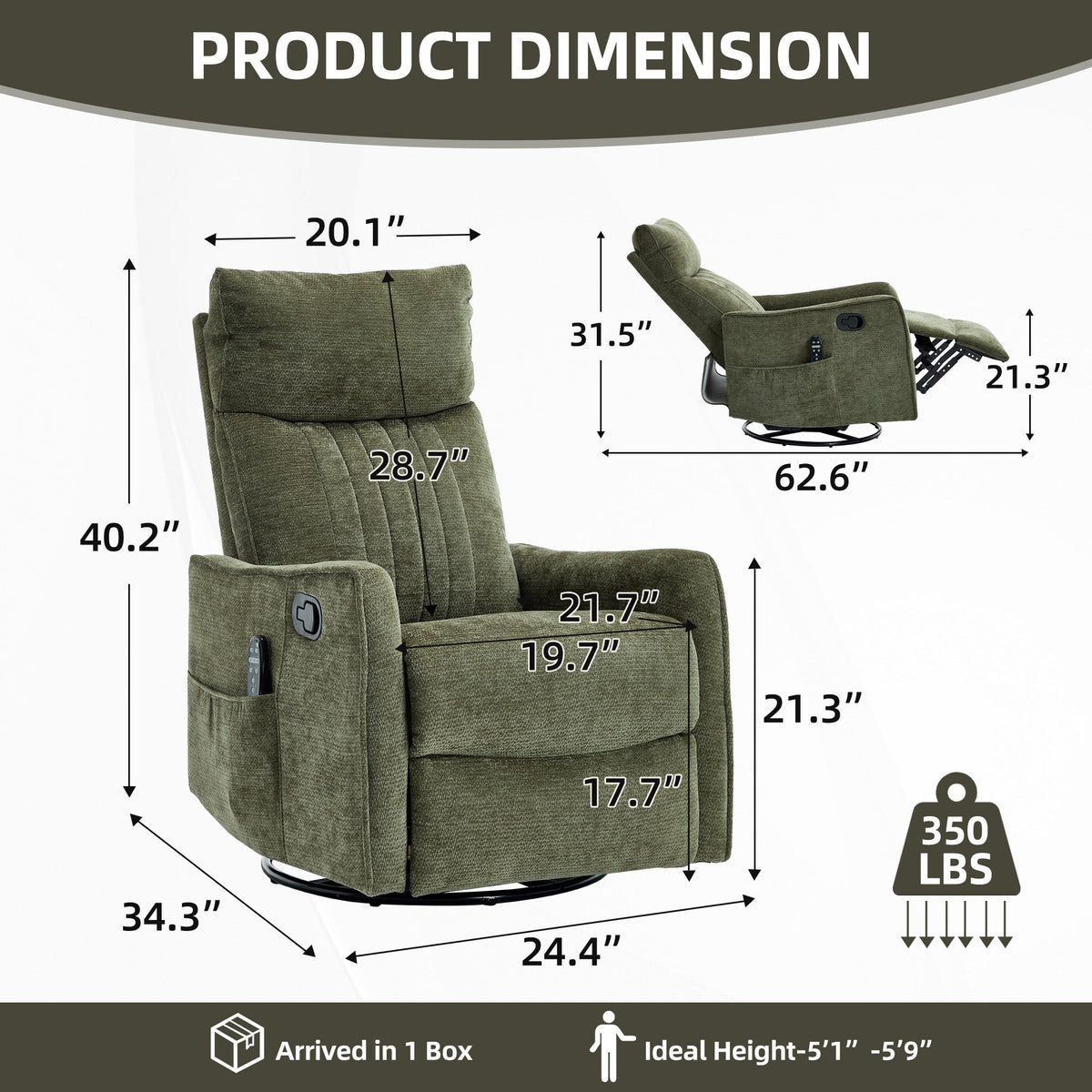 Green Heat Massage Manual Recliner Chair with Swivel and Massage - Chenille HouseOfZazla