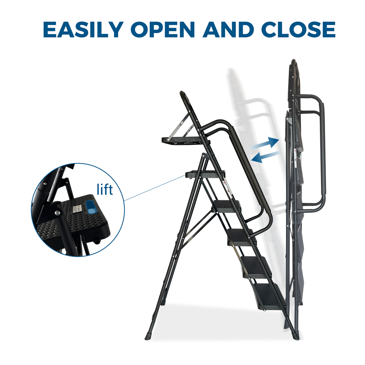 Folding Step Ladder with Wide Anti-Slip Pedal and Handrail - Steel HouseOfZazla