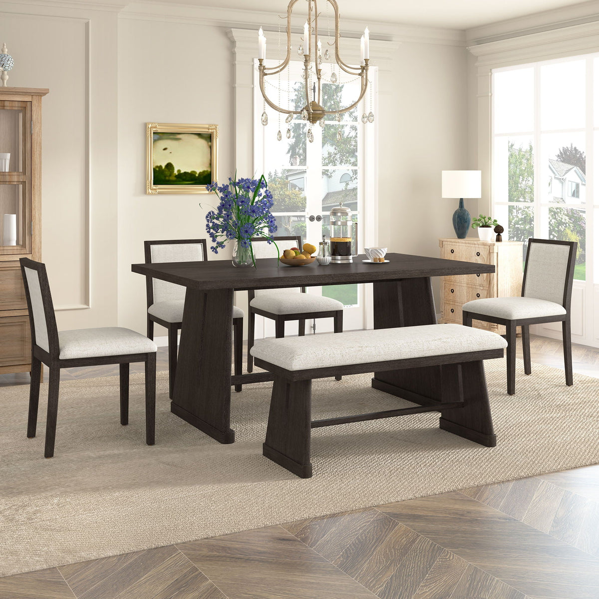 6 Piece Dining Room Set with Upholstered Chairs & Padded Bench - Light or Dark Brown HouseOfZazla