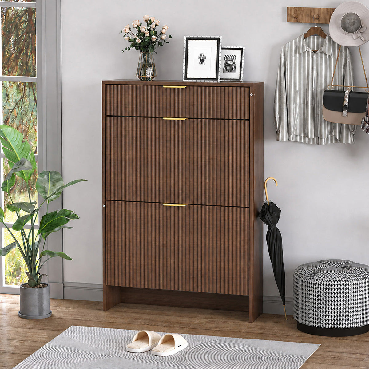 Narrow Fluted Shoe Storage Cabinet with Fluted Detailing - MDF HouseOfZazla