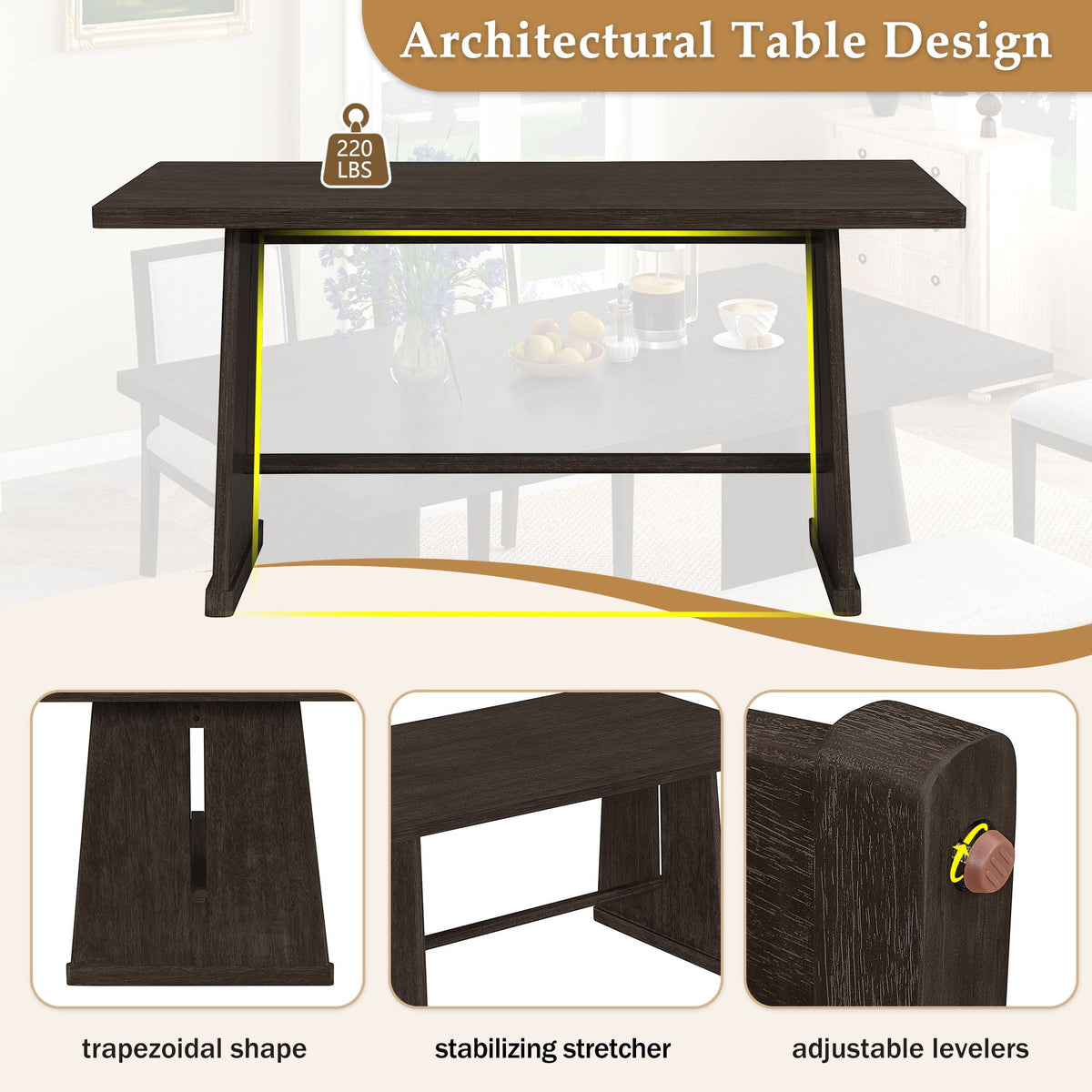 6 Piece Dining Room Set with Upholstered Chairs & Padded Bench - Light or Dark Brown HouseOfZazla