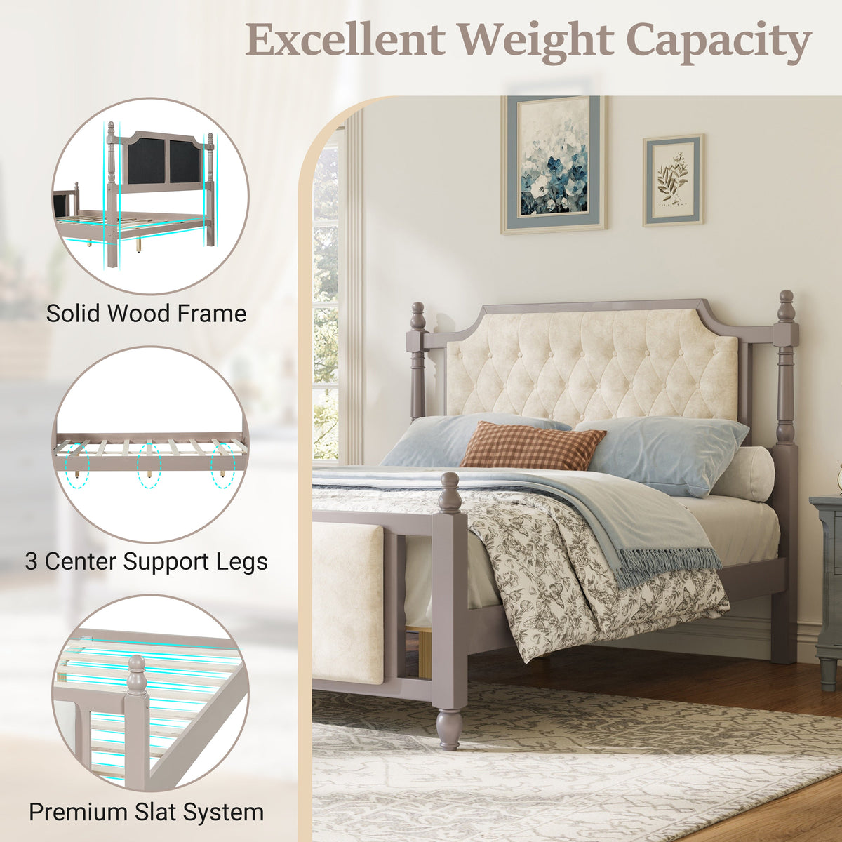 Queen Size Upholstered Platform Bed with Button Tufted Velvet Headboard - Taupe or Brown HouseOfZazla