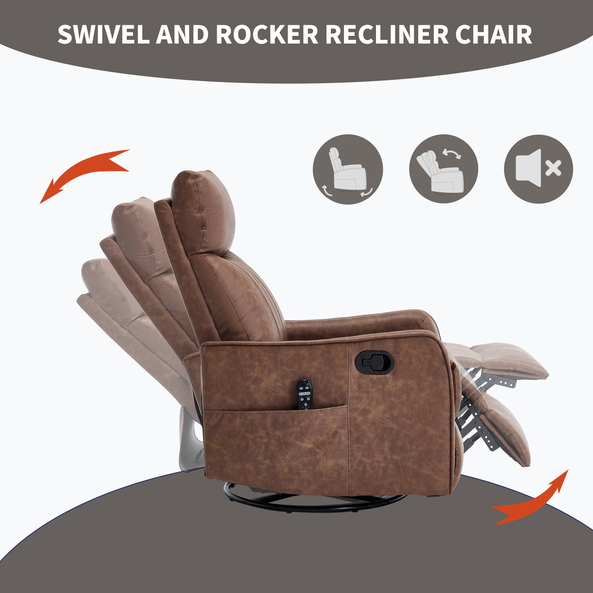 Brown Heat Massage Manual Recliner Chair with Rocker and Swivel - Brown HouseOfZazla