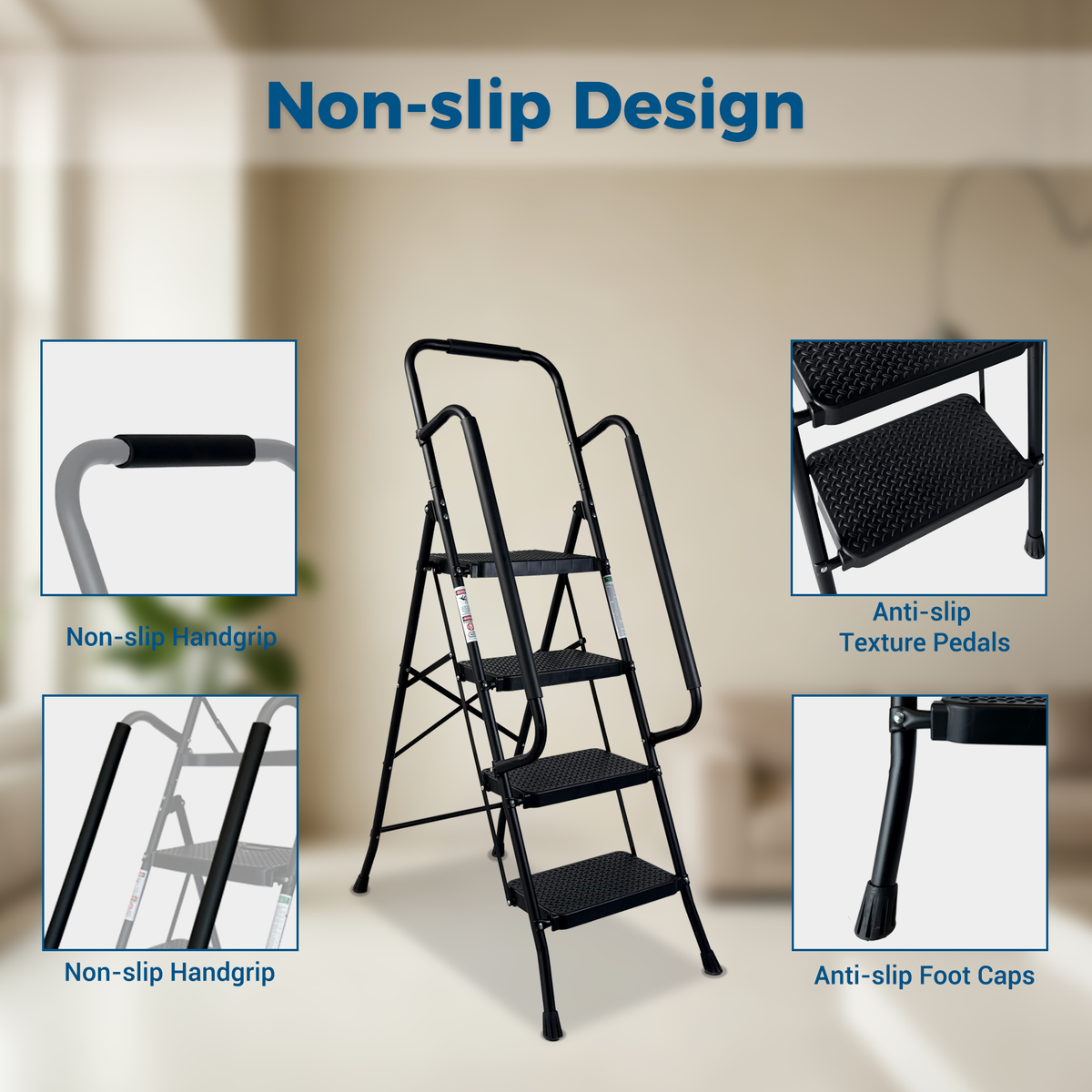 4 Step Ladder with Wide Anti-Slip Pedal - Steel Folding Ladder HouseOfZazla