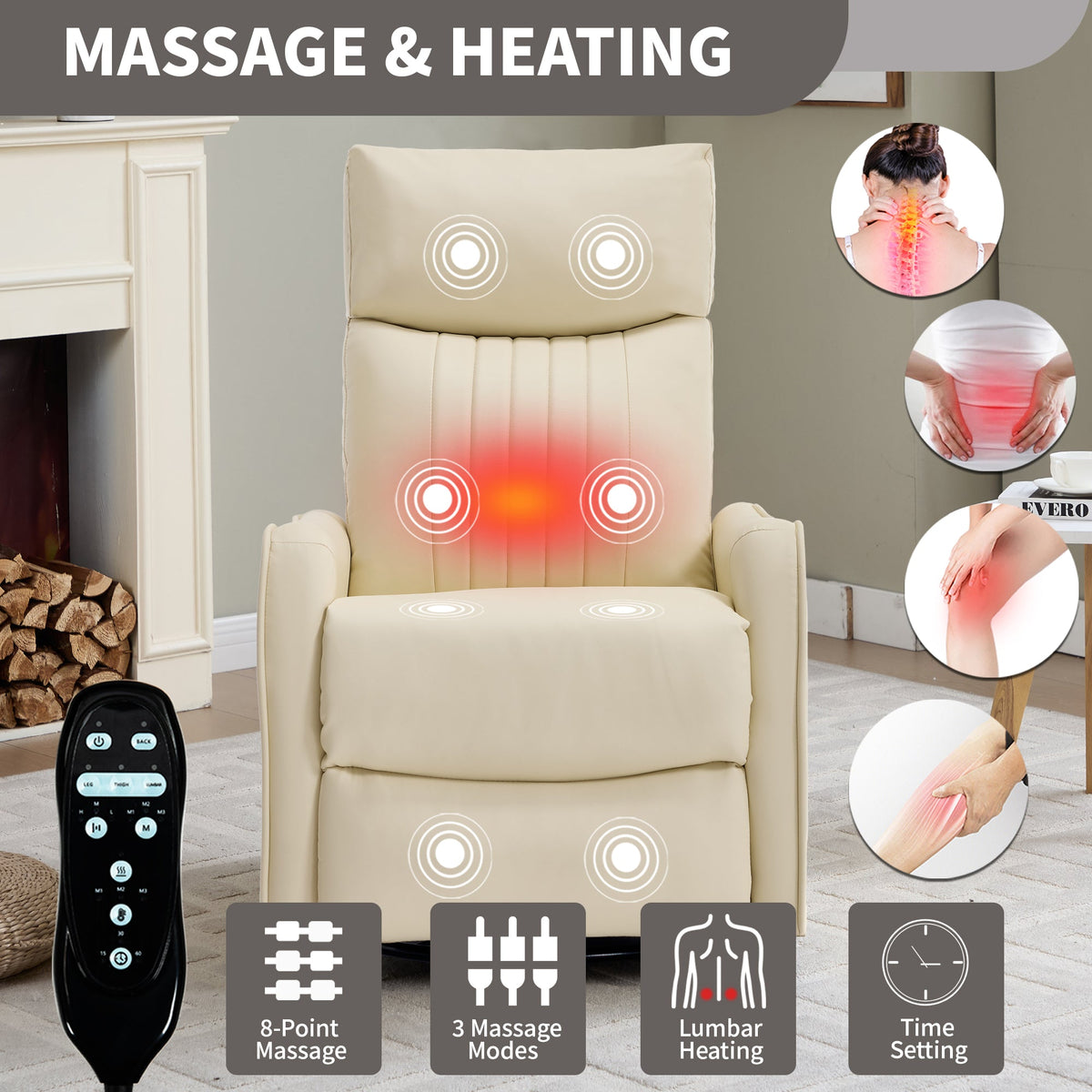 Beige Heat Massage Manual Recliner Chair with Rocker and Swivel - Beige HouseOfZazla