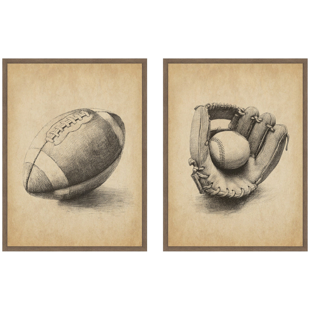 Vintage Football & Baseball 2 Piece Framed Canvas Wall Art Set by The Creative Bunch Studio