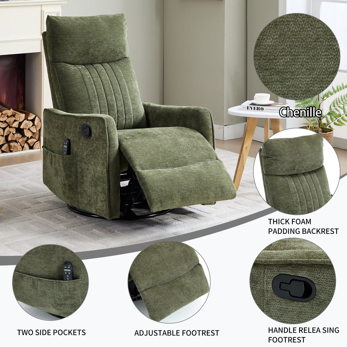 Green Heat Massage Manual Recliner Chair with Swivel and Massage - Chenille HouseOfZazla