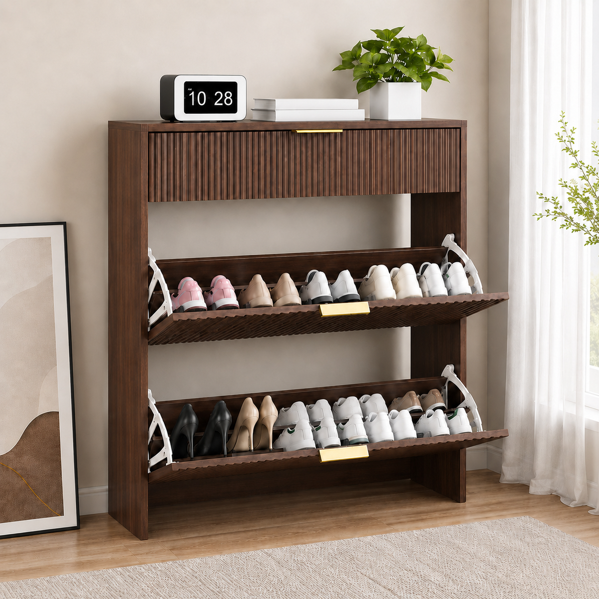 Narrow Fluted Shoe Storage Cabinet with Fluted Detailing - MDF HouseOfZazla