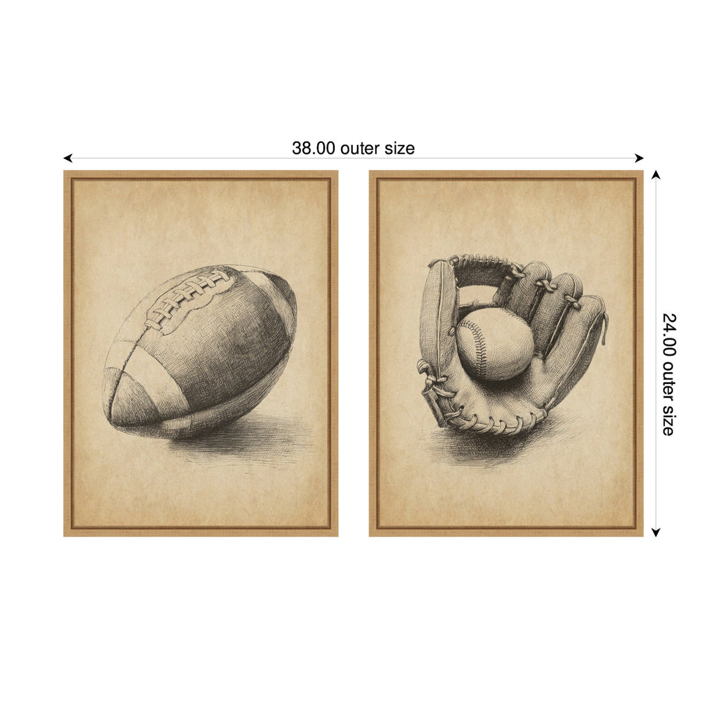 Vintage Football & Baseball 2 Piece Framed Canvas Wall Art Set by The Creative Bunch Studio