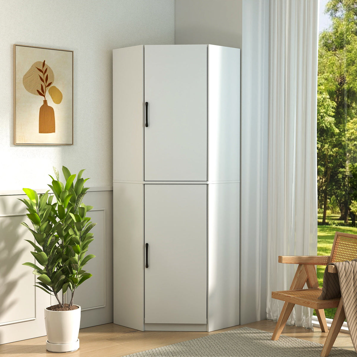 White Corner Kitchen Pantry Cabinet with Vertical Storage - White HouseOfZazla